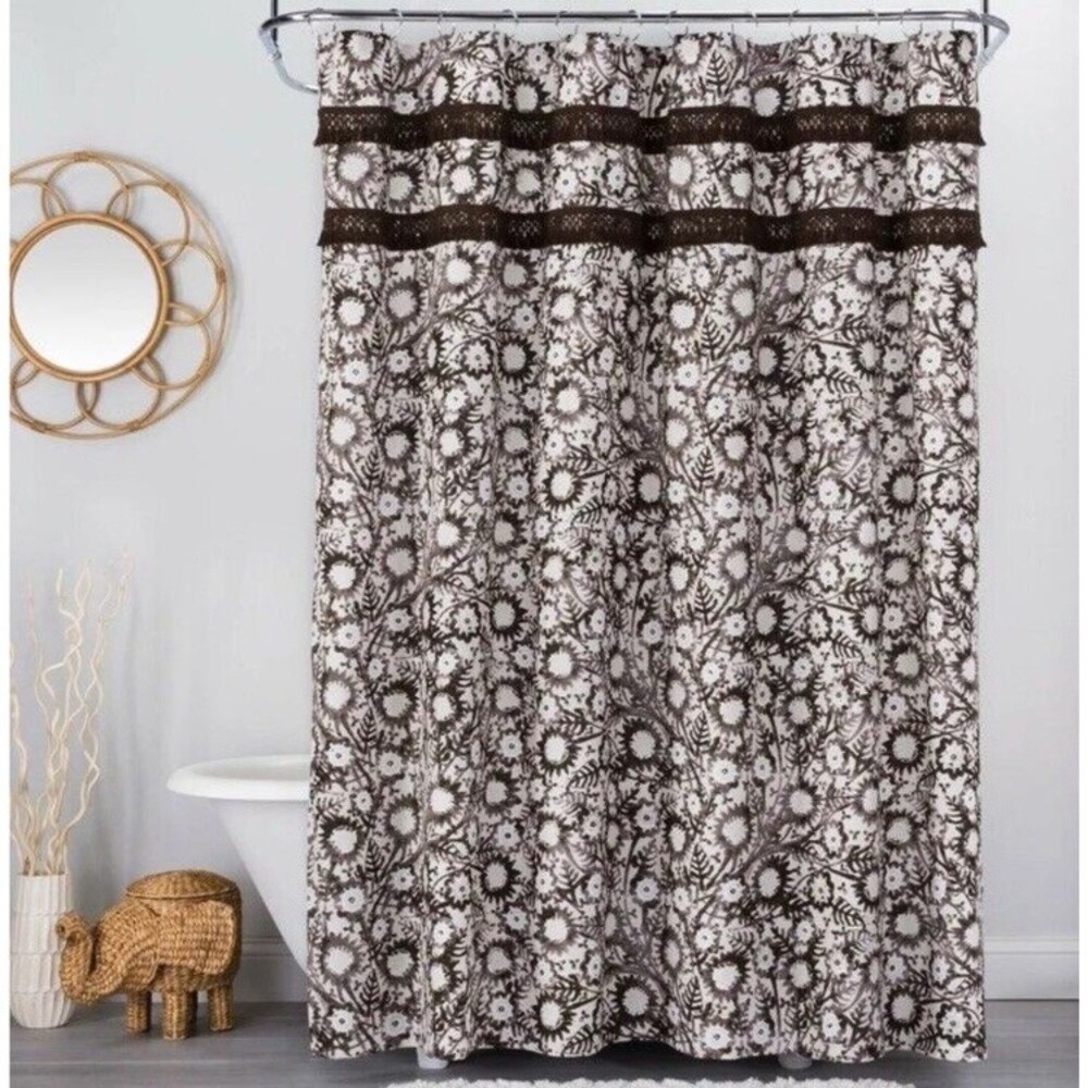 Boho Opalhouse Jungalow Brown Beige Botanical Print‎ Fringe Shower Curtain